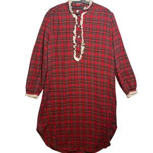 VTG Mamary Red Plaid Cotton Long Flannel Lace Trim Nightgown House Dress Size M